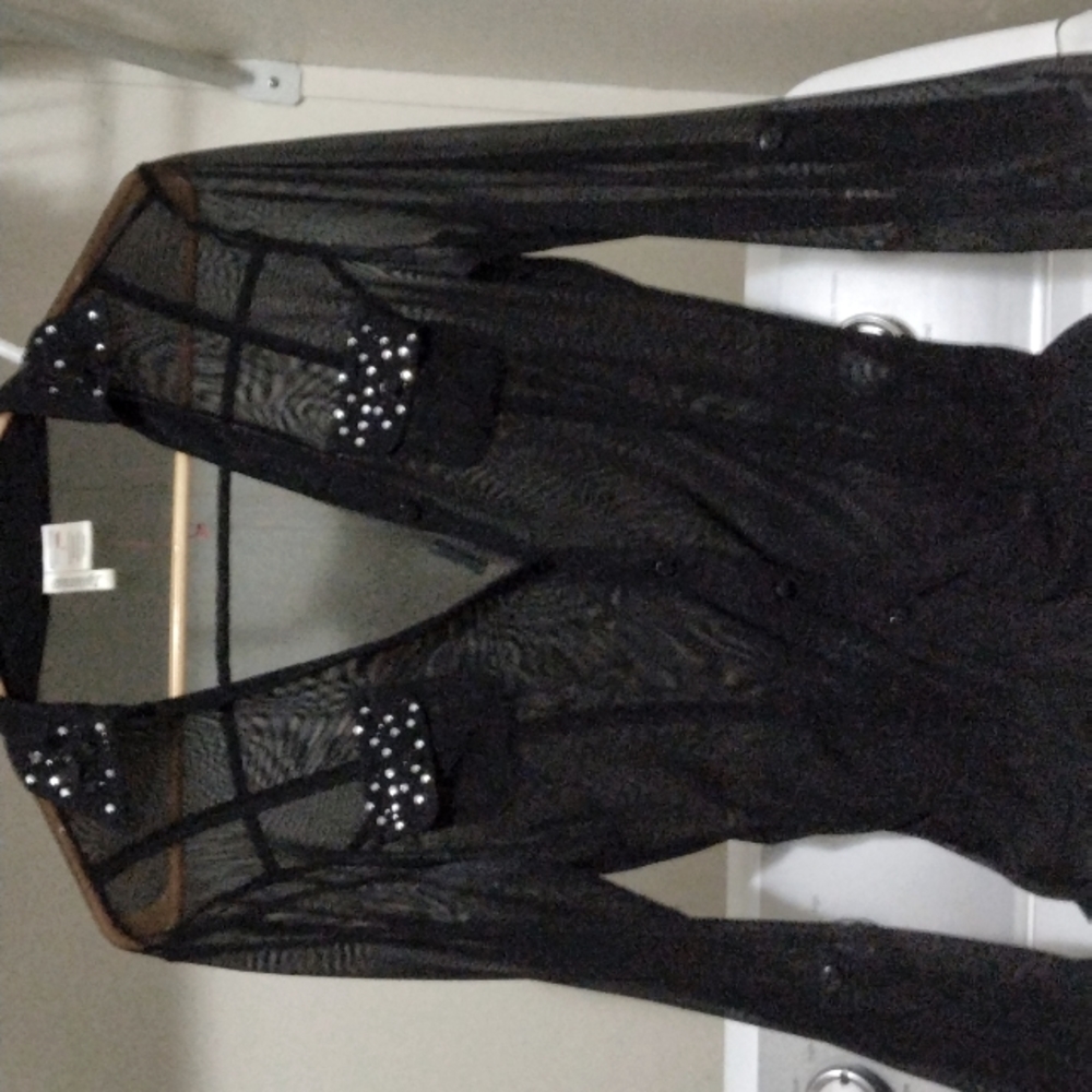 See through long sleeve button up with rhinestones